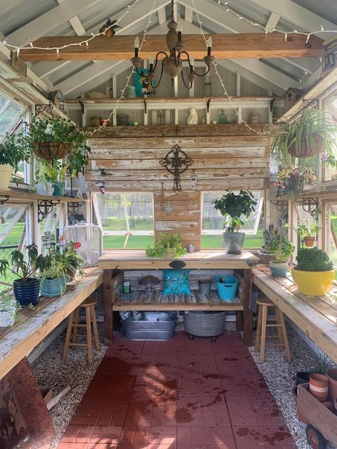 Potting Shed Interior Ideas, She Shed Greenhouse, Rustic Greenhouses, Garden Shed Interiors, Wood Sun, Diy Greenhouse Plans, Outdoor Greenhouse, Shed Interior, Garden Wood