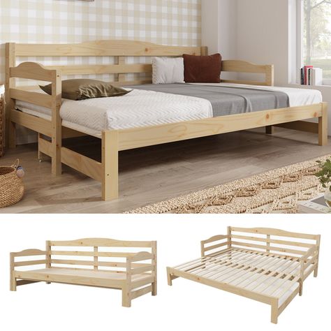 3 FT, 5.7FT Daybed Cabin Bed Single Bed Guest Bed Sofa Bed Pull out Trundle   Description   This multifunctional wooden day bed can be used as a sofa during the day, or as a bed at night to offer a quick solution to accommodate overnight guests. This practical sofa bed is definitely an eye-catcher wherever it goes! The sofa bed is made of solid pinewood, making it sturdy and stable. Featuring a pull-out bed, the piece of furniture can be easily converted into a sofa during the day and a comfortable bed at night.   Dimensions & Details Gesamtabmessung 196Lx98-182Wx73H cm N.W/ G.W 31.5/34KG Ground Clearance 24 cm Weight Capacity of Bed 240 kg / 530 lbs Material Pinewood & MDF Suitable width of Mattress 90~176cm / Single~King   About This Item Sleek and stylish：With its clean lines and modern Trundle Sofa Bed, Day Beds With Trundle, Pull Out Day Bed, Wooden Sofa Cum Bed, Colourful Bedding, Beds With Trundle, Single Day Bed, Sofa Bed For Small Spaces, Sofa Bed Wooden