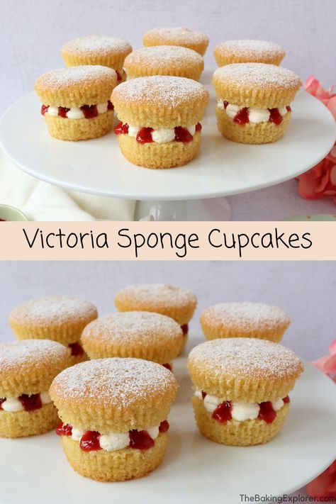 Victoria Cupcakes, Victoria Sponge Cupcakes, Mini Victoria Sponge Cakes, Sponge Cupcakes, Mini Victoria Sponge, Mother's Day Afternoon Tea, Afternoon Tea Cakes, Afternoon Tea Recipes, Victoria Sponge Cake