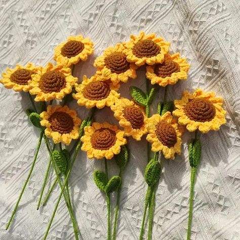 Crochet Sunflower Bouquet, Small Sunflower, Sunflower Bouquet, Crochet Bouquet, Home Room Decor, Stitch Shop, Sunflower Bouquets, Crochet Sunflower, Knitted Flowers