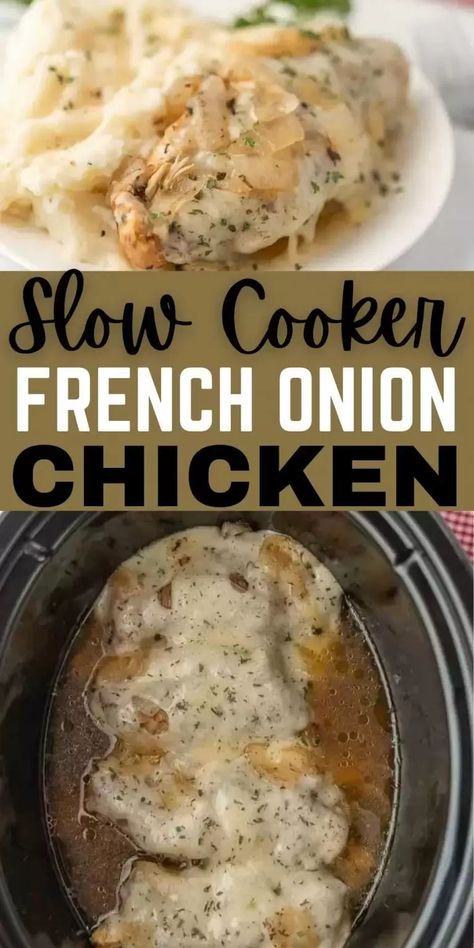 If you love french onion soup, Crock Pot French Onion Chicken Recipe is a must try. French Onion Chicken is tender and delicious. Plus, so easy! #eatingonadime #crockpotrecipes #slowcookerrecipes #chickenrecipes Chicken And Lipton Onion Soup Crock Pot, Chicken And Onion Crockpot Recipes, Crockpot Chicken With Lipton Onion Soup, Recipes Using Campbells French Onion Soup, French Onion Chicken Crockpot, Crock Pot Cooking Crockpot Meals Simple, Nichole Huntsman, Crock Pot French Onion Chicken, Chicken Onion Soup Mix Recipe