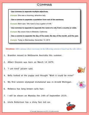 Worksheet | Commas | Students will learn the four basic comma rules and complete the given activity. Second Grade English, Third Grade Language Arts, Comma Rules, Holiday Homework, Punctuation Marks, English Resources, English Writing Skills, Notebook Ideas, English Writing