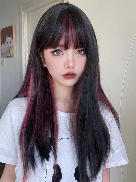 Money Piece Split Dye, Hair Color For Bangs, Light Front Bangs With Long Hair, Hair Highlights With Bangs, Brown Hair With Color Highlights, Colored Hair With Bangs, Bangs Colored Hair, Colored Highlights In Black Hair, Highlights In Bangs