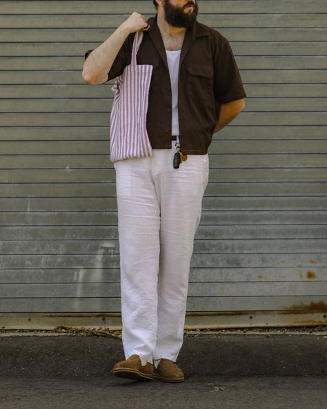 Just a boy and his little pink bag After letting my white linen pants languish in the closet all summer, it was finally time to get over the fear of inevitable destruction. Let’s face it: linen is key to summer success. I paired them with my fan-favorite Dickies shirt, a thrift store treasure altered by yours truly. Threw in the little striped bag because this look reminded me of that classic Neapolitan ice cream where the strawberry always gets left behind. Now, I know what you’re thinki... Dickies Shirt, Neapolitan Ice Cream, Striped Bag, White Linen Pants, The Fear, Left Behind, The Closet, Yours Truly, Linen Pants