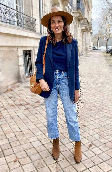 Cobalt Blue Top Outfit, Outfit Palette, Blue Top Outfit, Cobalt Blue Top, Blue Blazer Outfit, Fashion Inspo 2023, Outfits Blazer, Marine Outfit, High Waisted Jeans Outfit