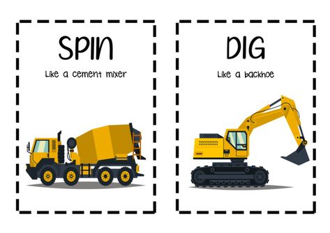 Construction Vehicle Movement Cards For Kids Songs About Construction For Preschool, Construction Theme Lesson Plans, Construction Theme For Preschool, Construction Movement Cards, Construction Gross Motor Activities, Construction Songs For Toddlers, Construction Games For Kids, Vehicle Activities For Toddlers, Construction Art For Toddlers