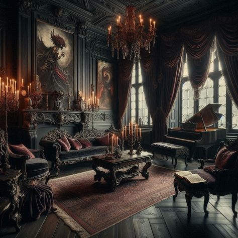 Gothic Living Room Ornate Furnishing Vampire Living Room, Parlor Room Ideas, Gothic Living Room Ideas, Elegant Living Room Ideas, Goth Living Room, Gothic Fireplace, Feminine Era, Gothic Living Room, Fancy Furniture