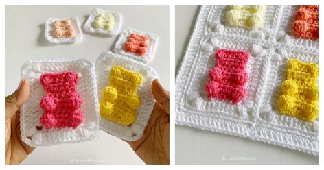 Gummy Bear Granny Square Crochet Pattern Bear Granny Square Crochet Pattern, Bear Granny Square Crochet, Gummy Bear Granny Square, Bear Granny Square, Square Crochet Pattern, Bear Crochet, Crochet Blanket Afghan, Feather Wings, Crochet Christmas Ornaments