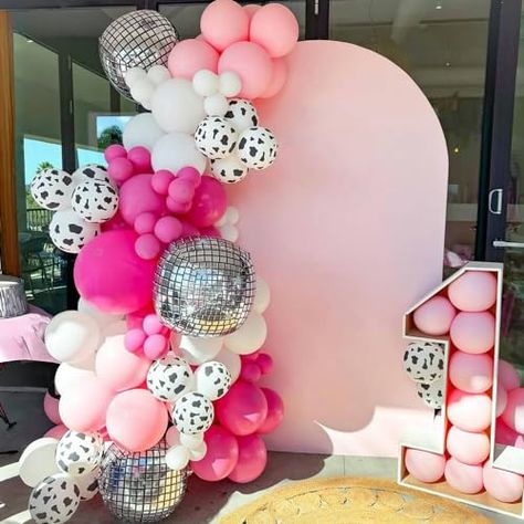 Cowgirl Rodeo 1st Birthday, Disco Cowgirl First Birthday Cake, Disco Rodeo First Birthday, Disco Cowgirl Backdrop, Disco Cowgirl 2nd Birthday Party, Disco Cowgirl Party Centerpieces, Man I Feel Like Im One Birthday, Pink Cow Print Birthday Party, Cowgirl Disco Birthday Party