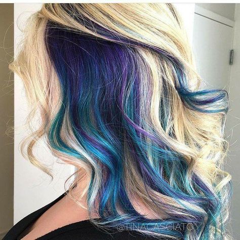 Blue Underlights, Peacock Hair Color, Hair Peekaboo, Space Hair, Underlights Hair, Peacock Hair, Ombre Blond, Peekaboo Hair, Fun Hair