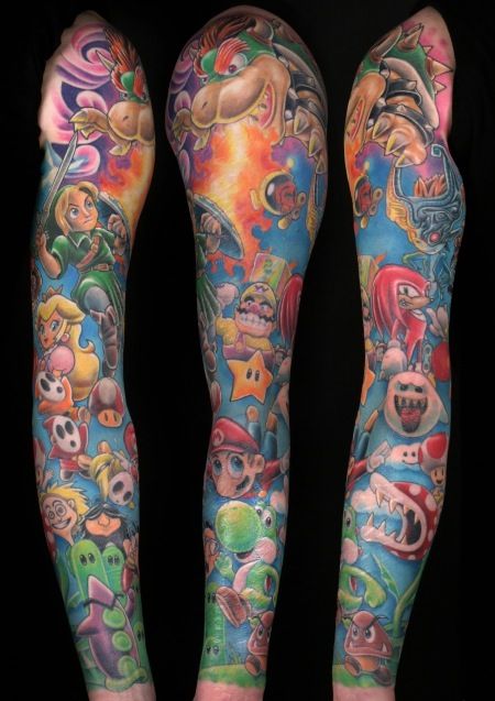 Nintendo character tattoo Super Mario Tattoo, Games Tattoo, Nintendo Tattoo, Game Tattoo, Video Game Tattoos, Mario Tattoo, Gamer Tattoos, Colorful Tattoos, Video Game Tattoo