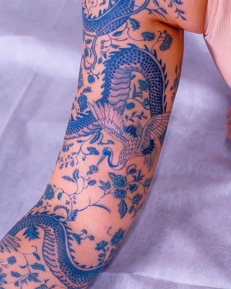 Porcelain Sleeve Tattoo, Blue Haku Tattoo, Porcelain Tattoo Design, Porcelain Style Tattoo, Porcelain Dragon Tattoo, Blue Tattoo Healed, Porcelain Tattoo Sleeve, Porcelain Tattoo Blue, Blue Tattoo Sleeve