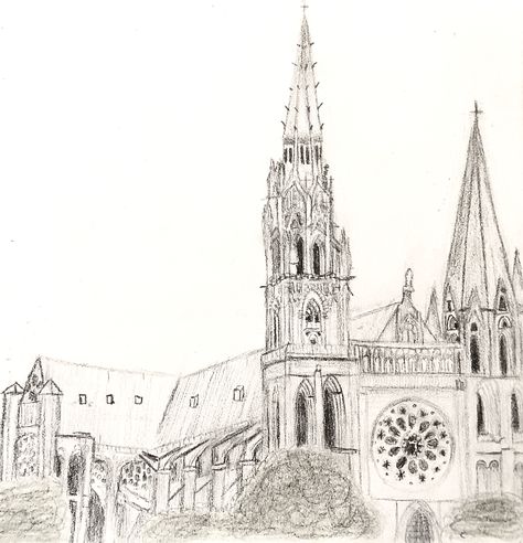 Drawing of the cathedral in Chartres, France #pencilart Cathedral Sketch, Cathedral Painting, Rouen Cathedral, Chartres France, French Cathedrals, Chartres Cathedral, Europe Trip, The Cathedral, Pencil Sketch