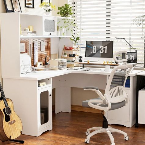 L Shaped Desk with Drawers and Hutch, Sturdy Corner Computer Desk with File Cabinet - On Sale - Bed Bath & Beyond - 40937418 Vanity/work Desk, Computer Desk And Vanity Combo, White Desk For Bedroom, Office L Shaped Desk, L Shaped Room, She Shed Craft Room Ideas, White Desk Bedroom, L Shaped Vanity, Corner Desk Ideas