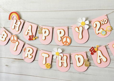 Groovy Banner, Flower Power Party, Retro Palette, Cake Banner Topper, Burnt Red, Let The Good Times Roll, Pink Orange Yellow, Peace Signs, Blast From The Past