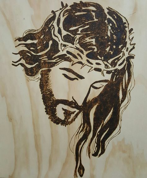 Jesus christ pyrography by hady al hayek Christian Pyrography, Jesus Art Drawing, Wood Burning Patterns Stencil, Aluminum Foil Art, Pyrography Patterns, Wood Art Design, Jesus Christ Painting, Jesus Statue, Prismacolor Art