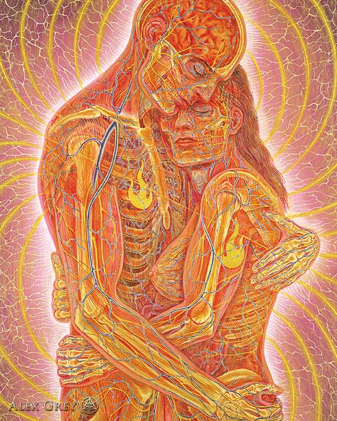 ☆ Embracing :¦: Artist Alex Grey ☆ Alex Gray Art, Art Amour, Twin Flame Art, Alex Grey, Flame Art, Psy Art, Energy Art, Spiritual Artwork, Meditation Art