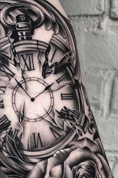 Broke Clock Tattoo, Clock Tower Tattoo, Time Clock Tattoo For Men, Birth Clock Tattoo Men, Cracked Clock Tattoo, Men Clock Tattoo Ideas, Men’s Clock Tattoo Ideas, Stopwatch Tattoo, Roman Clock Tattoo Design