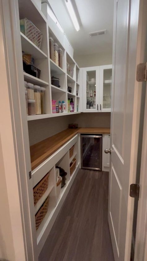 5x9 Pantry Layout, Morning Kitchen Pantry, Walk In Pantry With Mini Fridge, Rectangle Pantry Ideas, 6x8 Pantry, Small Walk In Pantry With Countertop, Long Narrow Pantry Ideas, Long Pantry Ideas, Pantry Blueprint