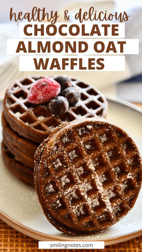 Chocolate Almond Oat Waffles - This healthy & delicious Chocolate Almond Oat Waffles recipe is the perfect weekend breakfast that you can have with a guilt-free feeling! Enjoy it with your favorite berries or a drizzle of honey and start off your day on a delicious note. Oat Waffle Recipe, Healthy Waffle Recipe, Oat Waffles, Waffle Recipe Healthy, Oatmeal Waffles, Free Feeling, Healthy Waffles, Waffle Maker Recipes, Protein Waffles