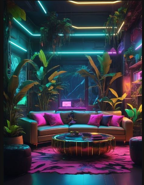 Dark Neon Home Aesthetic, Futuristic Room Ideas, Cyberpunk Room Interiors, Cyberpunk Room Ideas, Cyberpunk Living Room, Cyberpunk Decor, Cyberpunk Architecture, Cyberpunk Interior Design, Trippy House