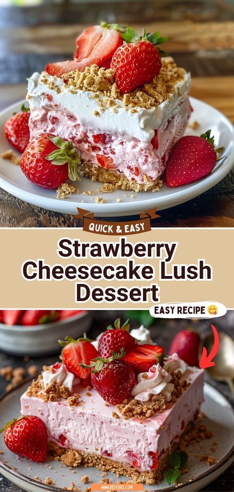 This Strawberry Cheesecake Lush Dessert is not just a treat for your taste buds, but also a visual delight, making it the perfect addition to your summer gatherings or a special family dinner dessert. #NoBakeCheesecake #StrawberryDessert #SummerTreats Best Strawberry Desserts Ever, Strawberry Icebox Dessert, Easy Yummy Summer Desserts, Strawberry Pie Desserts, Cheesecake Jello Dessert, Strawberry Lush Cake, Family Gathering Desserts, Family Gathering Dinner Ideas, Dessert With Cheesecake Pudding