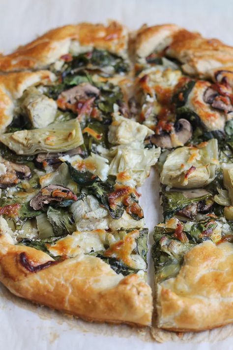 Spinach Mushroom and Artichoke Galette • Hip Foodie Mom Artichoke Galette, Easter Rolls, Pizza Vegana, Spinach Mushroom, Galette Recipe, Savory Tart, Spinach Stuffed Mushrooms, Easter Brunch, Take Two