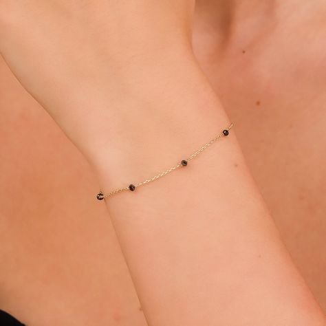 Black Diamond, Diamond Bracelet, 14K Diamond Bracelet, Diamond Beads, Present For Mom, Gift For Wife, 18K Yellow Gold, Rose Gold Bracelet, Gift For Her, Sarah Elise Jewelry Mangalsutra Bracelet Design, Black Beads Bracelet, Black Bead Bracelet, Mangalsutra Bracelet, Dainty Gold Chain, Mahabaleshwar, Black Diamond Bracelet, Station Bracelet, Solid Gold Bracelet