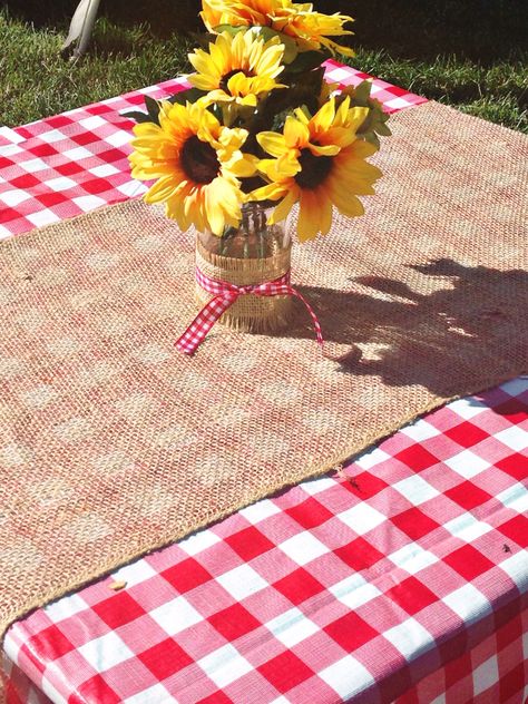 BaByQ Red Gingham Tablecloth with Burlap Runner and Sunflower Mason Jar Centerpiece Sunflower Mason Jar, Bbq Decorations, Bbq Rehearsal Dinner, Bbq Theme, Burlap Runner, Baby Q Shower, Mason Jar Centerpiece, Burlap Runners, Gingham Tablecloth