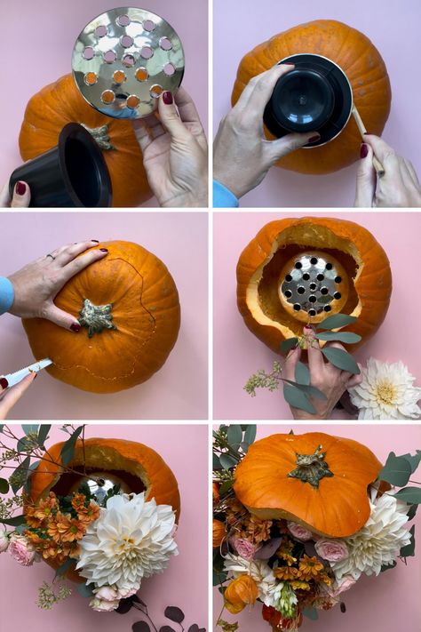 How To Make A Pretty Floral Pumpkin Display For Halloween — MELANIE LISSACK INTERIORS Floral Halloween Decor, Halloween Wedding Centerpieces, Pumpkin With Flowers, Craft For Halloween, Memorial Vase, Floral Halloween, Fireplace Garland, Pumpkin Vase, Pumpkin Display