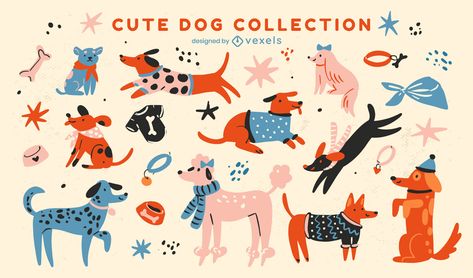 Set of flat cute dogs Fancy Dogs, Paw Crafts, Stickers Illustration, Trend Board, Clothes Illustration, Pet Illustration, Fancy Dog, Dog Vector, Shirt Illustration