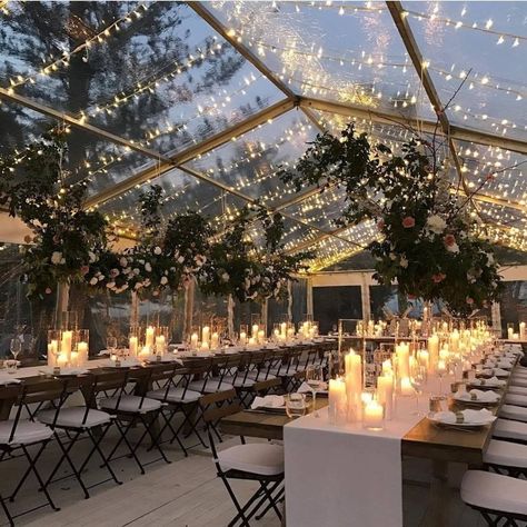 Dream Weddings - ✨Get a clear tent and add twinkle lights... | Facebook Wedding Table Planner, Cheap Wedding Table Centerpieces, Rustic Summer Wedding, Clear Tent, Romantic Lighting, Luxury Look, Marquee Wedding, Salou, Cute Wedding Ideas