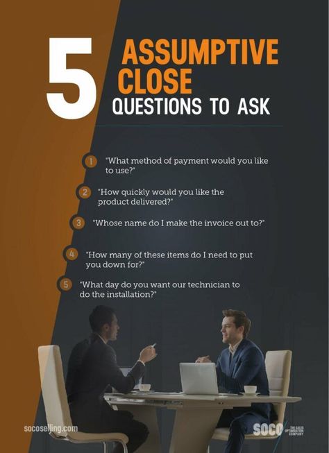 Also known as the presumptive close, the assumptive close keeps you in control of the sales momentum by skipping past the whole question of whether the customer wants to buy. Because as soon as you complete your sales pitch, you move right into a question. For this reason, assumptive close is common in retail sales, B2C sales and velocity sales. Sales Closing, Sales Prospecting, Business Strategy Management, Communication Activities, Sales Motivation, Sales Quotes, Sales Skills, Insurance Marketing, Small Business Quotes