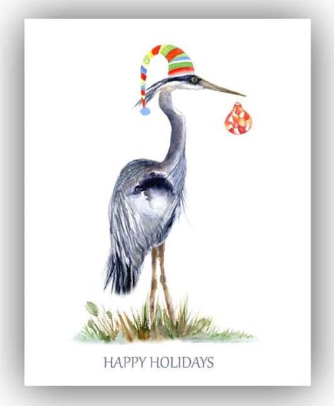 Tropical Christmas Cards, Painted Christmas Cards, Florida Christmas, Beachy Christmas, Great Blue Heron, Tropical Christmas, Christmas Card Art, Watercolor Christmas Cards, Christmas Tree Cards