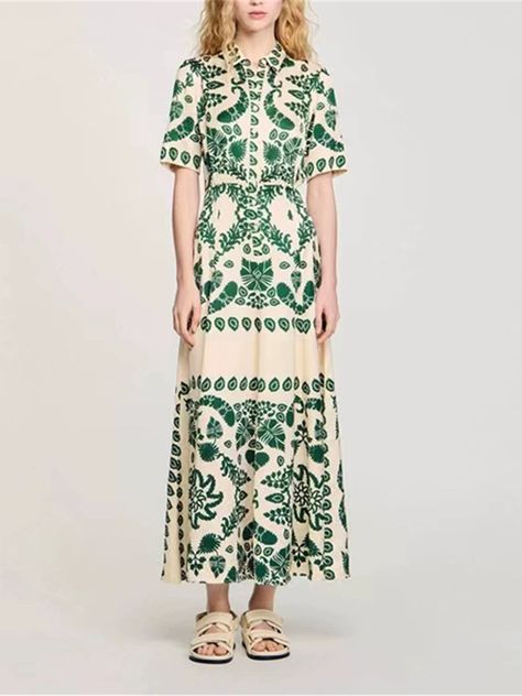 Green Paisley Print Women Midi Dress Elegant 2025 Spring New Short Sleeve Ladies Long Dresses French Dress 2025, Midi Dress Elegant, 2025 Spring, Summer Green, Green Paisley, Women Midi, Women Long Dresses, Printed Midi Dress, Dress Elegant