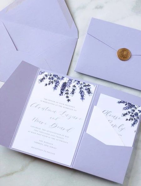 Romantic Lavender Wedding Invitation Ideas that Perfectly Celebrate Su – Clear Wedding Invites Lavender Invitation, Lavender Wedding Theme, Gold Wax Seal, Lavender Wedding Invitations, Rustic Sunflower Wedding, Pocket Envelopes, Sunflower Wedding Invitations, Pocket Wedding Invitations, Printing Wedding Invitations