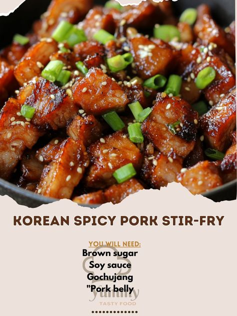 🍲 "Turn up the heat with Korean Spicy Pork Stir-Fry—a flavorful, spicy dish that’s sure to ignite your taste buds!" 🍲🔥 #KoreanCuisine #SpicyPork Korean Spicy Pork Stir-Fry Ingredients: Pork belly, sliced (1 lb) Gochujang (2 tbsp) Soy sauce (2 tbsp) Brown sugar (1 tbsp) Garlic, minced (2 cloves) Ginger, minced (1 tbsp) Green onions, chopped (2) Sesame oil (1 tbsp) Vegetable oil (2 tbsp) Red bell pepper, sliced (1) Onion, sliced (1) Instructions: Heat vegetable oil in a pan and cook pork be... Pork Belly Dishes, Korean Spicy Pork, Asian Pork Chops, Stir Fry Ingredients, Asian Pork, Pork Belly Recipes, Pork Stir Fry, Spicy Dishes, Spicy Pork