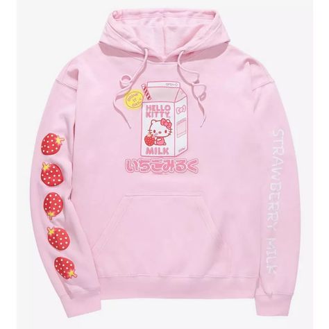 Nwt Hello Kitty Strawberry Milk Hoodie Sanrio Clothes, Hello Kitty Strawberry, Hello Kitty Hoodie, Hello Kitty Sweatshirt, Girls Hoodie, Pastel Outfit, Milk Carton, Strawberry Milk, Kawaii Clothes