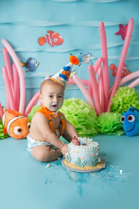 Happy Birthday Mr. M! I love the aquatic scene we created! And I love how you bent down to bite right into that cake! Finding Dory Smash Cake, Finding Nemo Smash Cake, Ocean Smash Cake, Nemo Smash Cake, Sea Smash Cake, Under The Sea Smash Cake, Finding Nemo Birthday Cake, 3rd Birthday Party For Boy, Nemo Birthday Party