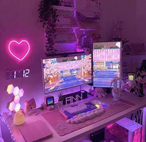 Cute Ideas For Your Room, Room Inspo Cute, Cute Gaming Desk, Gaming Setup Cozy, Gamer Girl Setup, Games Room Inspiration, Gaming Desk Setup, Gamer Setup, Cool Dorm Rooms