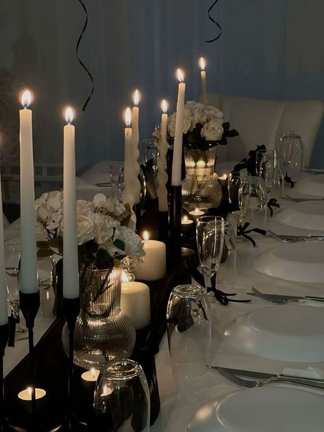 Black Decor Birthday Party, Black 25th Birthday Party Ideas, Black Elegant Birthday Party, Rip To My 20s Table Decor, Black Tie Birthday Dinner, Black Tie Dinner Party Aesthetic, All Black Birthday Dinner Decorations, Classy 25th Birthday Ideas, Elegant Birthday Table Decor