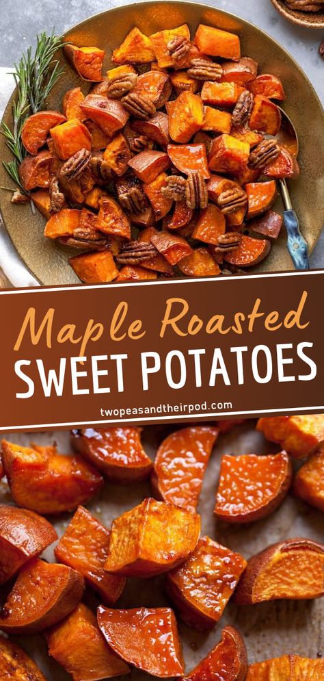 Maple Roasted Sweet Potatoes are perfect for the holidays! The prep for this recipe is super simple. Tossed in maple and cinnamon, this easy vegetable side dish becomes perfectly sweet and delicious! Serve them on Thanksgiving and watch everyone come back for seconds! Thanksgiving Sweet Potato Recipes, Maple Glazed Sweet Potatoes, Maple Sweet Potatoes, Sweet Potato Side Dish, Sweet Potato Recipes Roasted, Sweet Potato Sides, Sweet Potato Thanksgiving, Glazed Sweet Potatoes, Recipes Sides