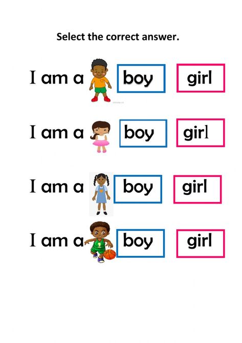 Gender online worksheet for Preschool. You can do the exercises online or download the worksheet as pdf. Gender Activity For Preschool, Gender Activities Preschool, Language Worksheets For Preschool, Gender Worksheet, Respect Lessons, English Boy Names, Kindergarten Homework, Language Quiz, Online Preschool