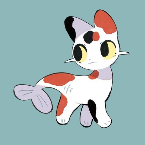 Fish Cat Drawing, Koi Fish Character, Fish Cute Drawing, Fish Fursona, Cute Fish Drawing, Fish Oc, Cat Dragon, Fish Cute, Cat And Fish