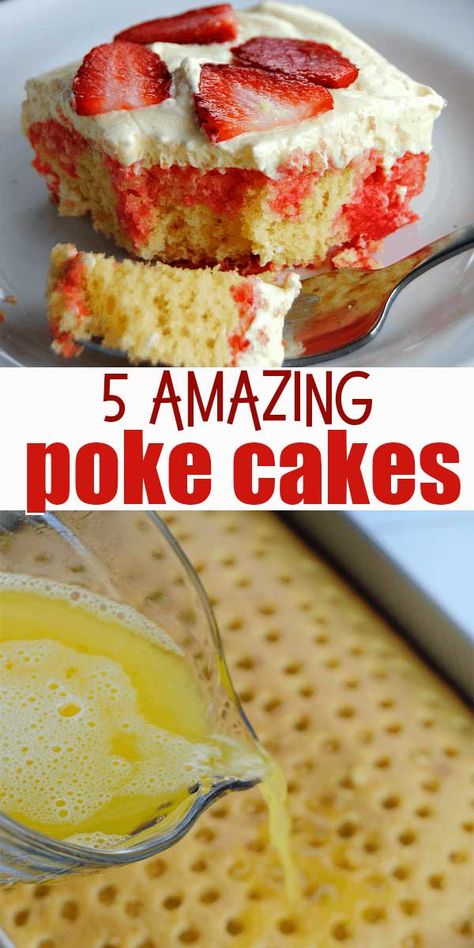 No holiday or celebration is complete without a Poke Cake on the table! These delectable Poke Cake recipes take regular cake-from a box cake mix or homemade-and add a burst of flavor with Jello, pudding, or other delicious add ins. #pokecakes #easydesserts Pudding Cake Mix, Boston Cream Poke Cake, Regular Cake, Pudding Poke Cake, Jello Cake, Short Cake, Quick Cake, Strawberry Shortcake Recipes, Shortcake Recipe