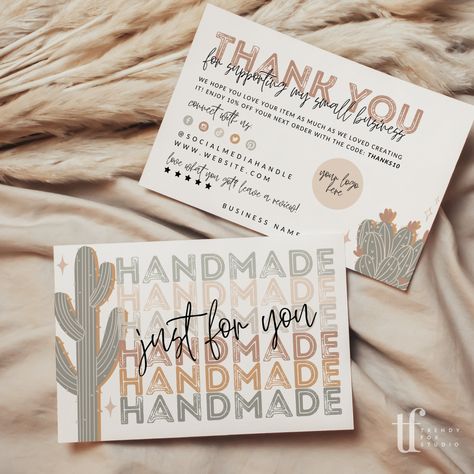 When you sell your fabulous product, don’t forget to say thank you to your customer and keep them coming back again and again! The little details matter, and including a package insert thank you card elevates your brand experience to a whole new level. Delight your customers and encourage repeat sales. This boho western card template is the perfect way to share any messages about your product. Attract repeat customers by thanking them and offering them a promo code within your packaging. Encoura Western Business Cards Design, Western Thank You Cards, Thank You Small Business, Boutique Thank You Cards, Western Business Ideas, Package Insert Ideas, Western Packaging Design, Etsy Thank You Cards, Western Business Names