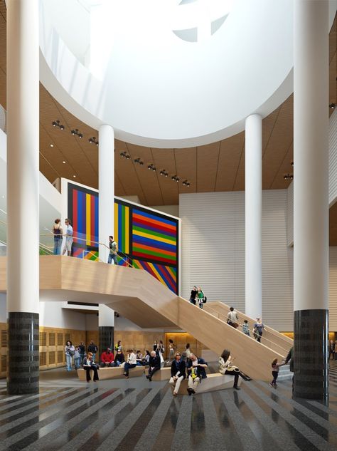 Update:+SFMOMA+Expansion+/+Snøhetta Stairs With Column, Modern Museum Interior, Staircase Design Architecture, Art Gallery Reception, Museum Staircase, Gallery Staircase, Museum Stairs, Museum Lobby, Wide Staircase