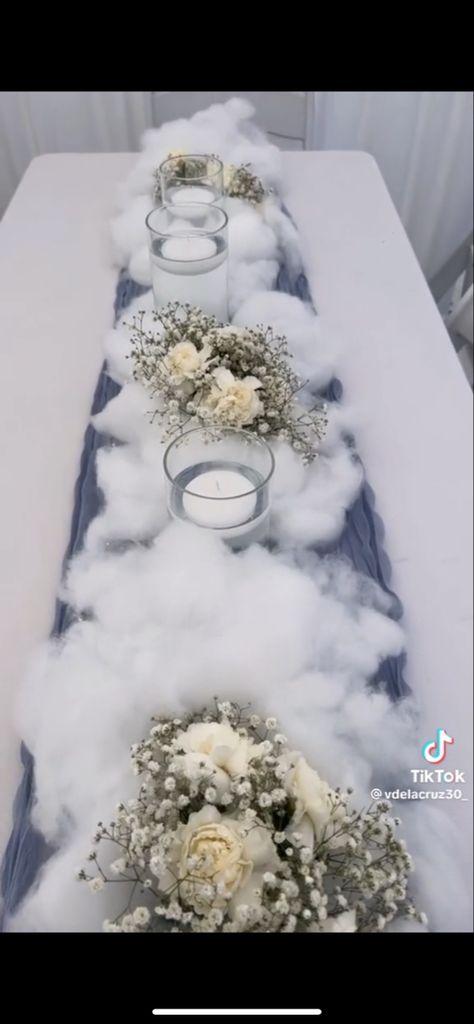 Wedding Cloud Theme, Heavenly Bodies Theme, Cloud Theme Wedding Decoration, Over The Clouds Baby Shower Theme, Cloud Centerpieces Shower Ideas, Cloud 9 Bridal Shower Centerpieces, White Party Decorations Elegant, On Cloud Nine Table Decor, Gender Reveal Twinkle Twinkle Theme Decor