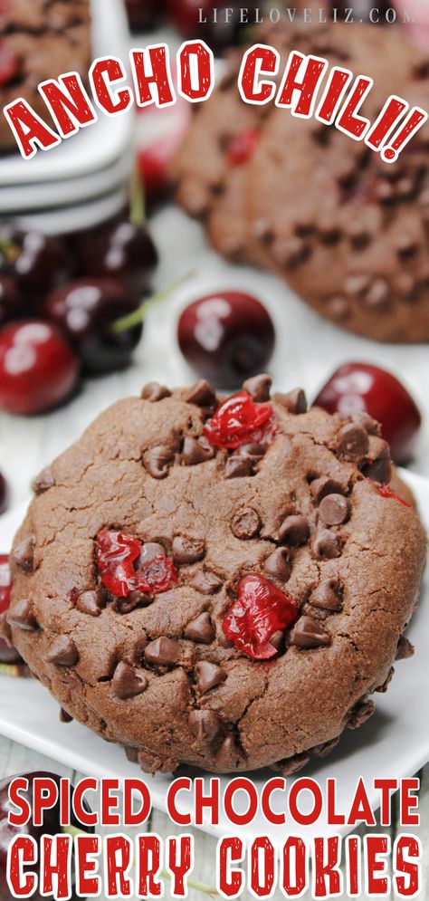 Ancho Chili Chocolate Cherry Cookies Recipe - Life Love Liz Chili Chocolate Cookies, Chocolate Chili Recipe, Cherry Cookies Recipes, Chili Chocolate, Chocolate Cherry Cookies, Chocolate Chili, Cherry Cookies, Ancho Chili, Spiced Chocolate