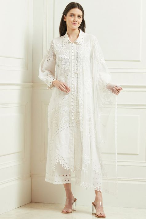 Featuring a white kurta in gauze linen base with embroidery. It is paired with matching palazzo pants and a dupatta.  FIT: Fitted at bust and waist. COMPOSITION: Gauze linen. CARE: Dry clean only. White Net Suit Design, Scallop Dupatta, Pakistani Wear, White Frock, Kebaya Modern Dress, Latest Maxi Dresses, Stylish Maxi Dress, Floral Frocks, Rose Crafts